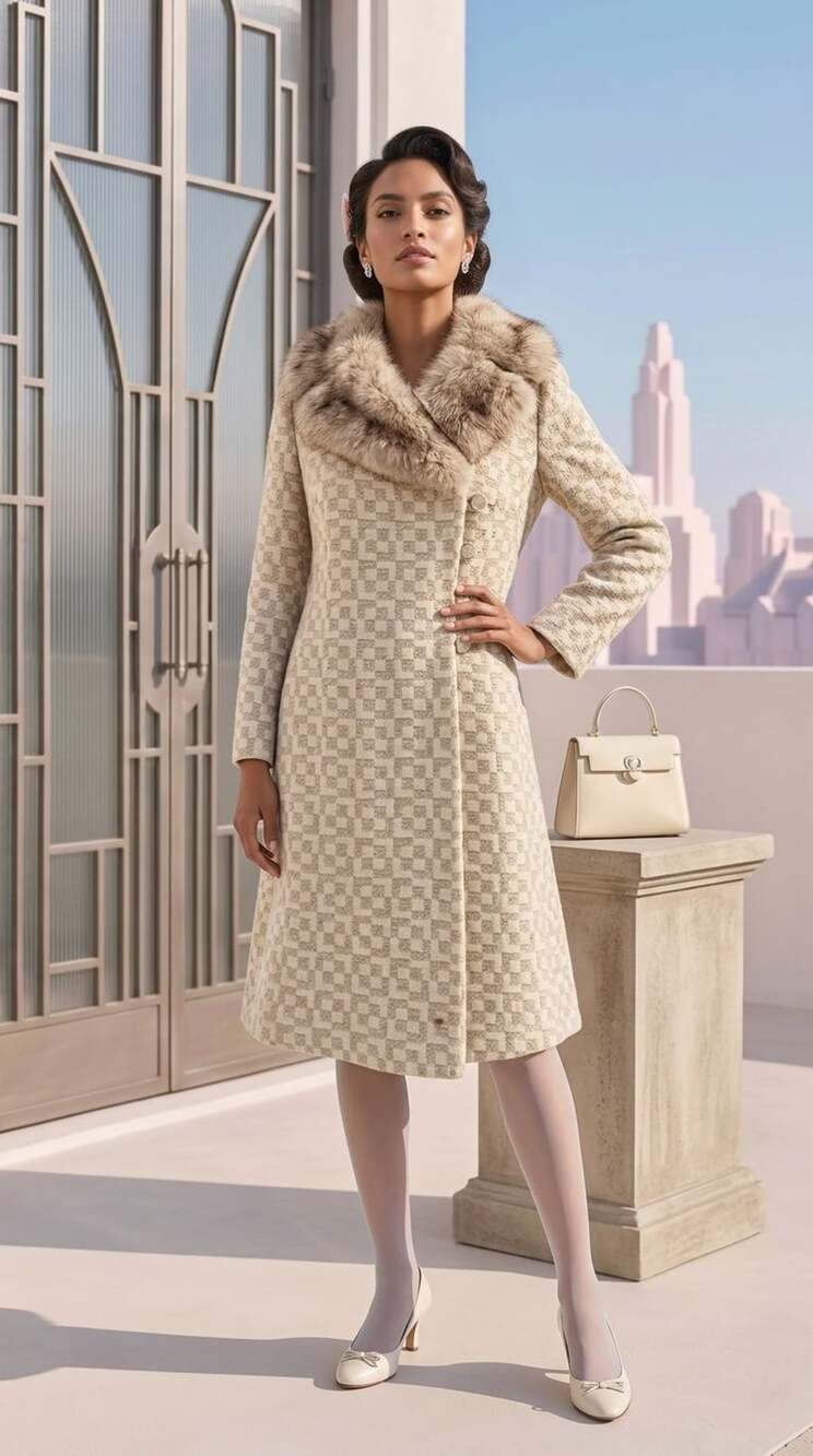 Vintage 1950s Checkered Tweed Coat with Fur Collar